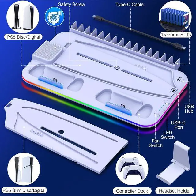 Alt view image 3 of 7 - BONAEVER For PS5 Slim Stand Cooling Station for Playsation 5 Slim Console Disc/Digital,PS5 Accessories Cooling Stand with 3-Level Cooling Fan, Dual PS5 Controller Charger, RGB Light, Headset Holder, 1