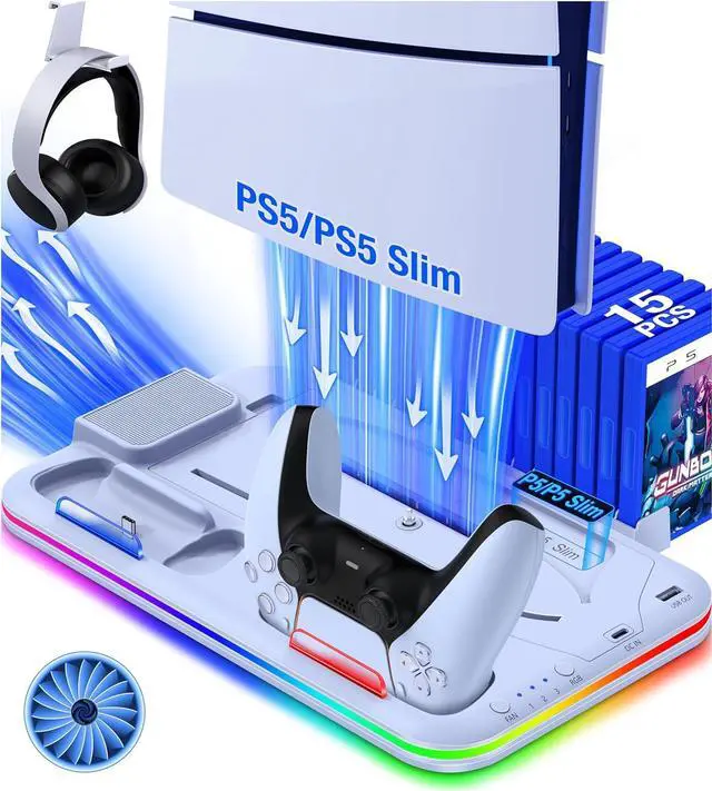 Main image of BONAEVER For PS5 Slim Stand Cooling Station for Playsation 5 Slim Console Disc/Digital,PS5 Accessories Cooling Stand with 3-Level Cooling Fan, Dual PS5 Controller Charger, RGB Light, Headset Holder, 1