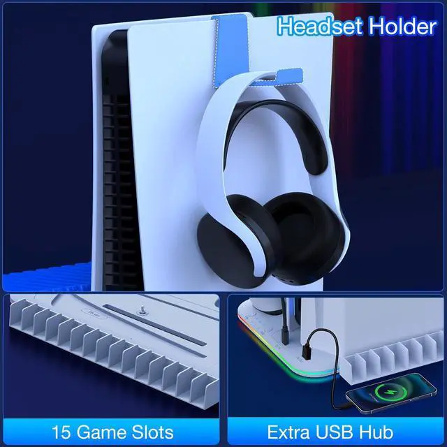 Alt view image 6 of 7 - BONAEVER For PS5 Slim Stand Cooling Station for Playsation 5 Slim Console Disc/Digital,PS5 Accessories Cooling Stand with 3-Level Cooling Fan, Dual PS5 Controller Charger, RGB Light, Headset Holder, 1