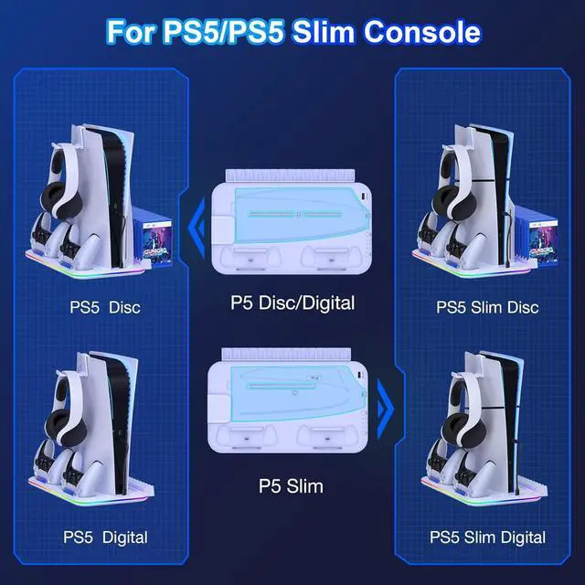 Alt view image 4 of 7 - BONAEVER For PS5 Slim Stand Cooling Station for Playsation 5 Slim Console Disc/Digital,PS5 Accessories Cooling Stand with 3-Level Cooling Fan, Dual PS5 Controller Charger, RGB Light, Headset Holder, 1