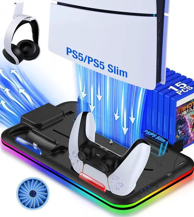 Main image of BONAEVER For PS5 / PS5 Slim Stand Cooling Station with Controller Charger for Playstation 5/Slim Console, PS5 Accessories Vertical Stand with Cooling Fan, RGB Light, Headset Holder, 14 Game Slot