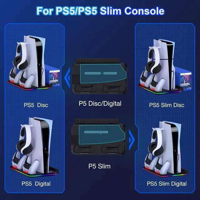 Alt view image 6 of 7 - BONAEVER For PS5 / PS5 Slim Stand Cooling Station with Controller Charger for Playstation 5/Slim Console, PS5 Accessories Vertical Stand with Cooling Fan, RGB Light, Headset Holder, 14 Game Slot