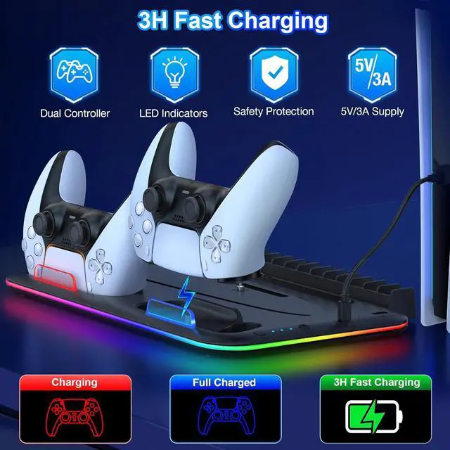 Alt view image 4 of 7 - BONAEVER For PS5 / PS5 Slim Stand Cooling Station with Controller Charger for Playstation 5/Slim Console, PS5 Accessories Vertical Stand with Cooling Fan, RGB Light, Headset Holder, 14 Game Slot