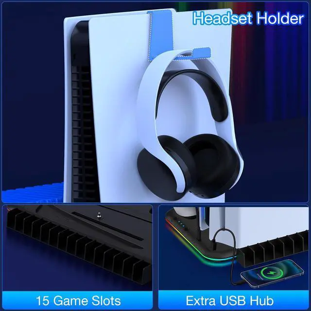 Alt view image 7 of 7 - BONAEVER For PS5 / PS5 Slim Stand Cooling Station with Controller Charger for Playstation 5/Slim Console, PS5 Accessories Vertical Stand with Cooling Fan, RGB Light, Headset Holder, 14 Game Slot