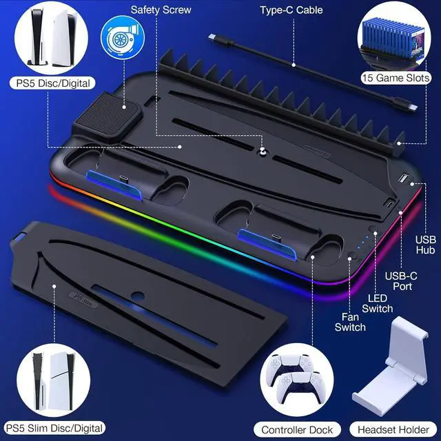 Alt view image 5 of 7 - BONAEVER For PS5 / PS5 Slim Stand Cooling Station with Controller Charger for Playstation 5/Slim Console, PS5 Accessories Vertical Stand with Cooling Fan, RGB Light, Headset Holder, 14 Game Slot