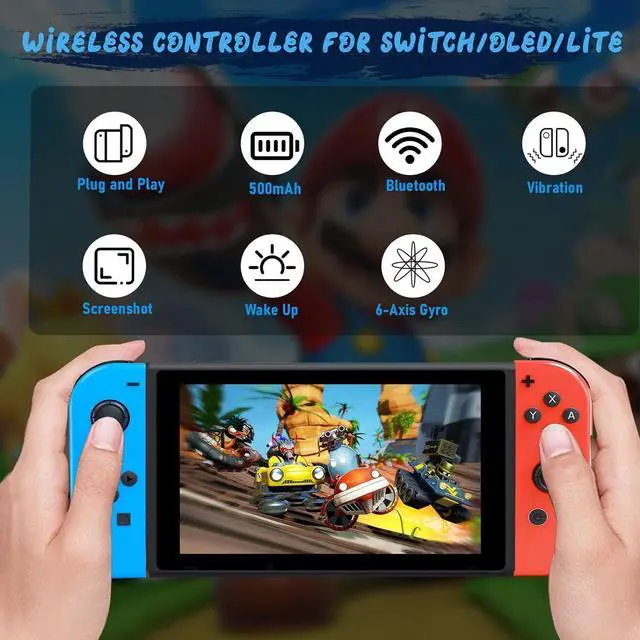 Alt view image 3 of 7 - BONAEVER For Switch Controller, Wireless Controller Compatible for Nintendo Switch/OLED/Lite with 6-Axis Gyro Sensor/Double Vibration/Wake-up/Screenshot Controller Switch with Wrist Strap Red and Blue