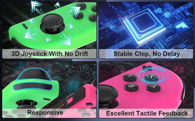 Alt view image 7 of 7 - BONAEVER Switch Controller, Left/Right Replacement Controller Compatible for Switch/OLED/Lite with 6-Axis Gyro Sensor,Double Vibration,Plug ans Play, Controller with wrist strap - Green and Pink