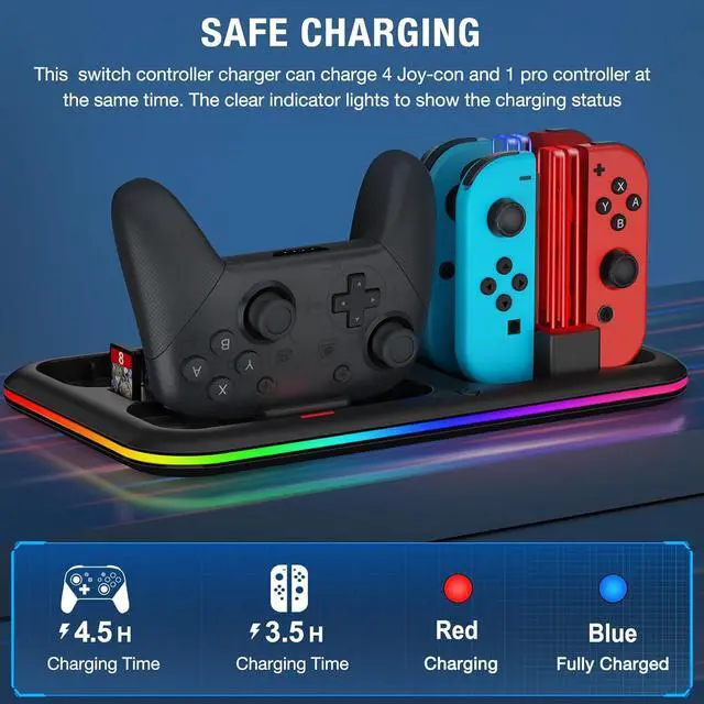 Alt view image 4 of 7 - BONAEVER Switch Controller Charger for Nintendo Switch & OLED Joycon Charging Dock, Switch Organizer Station with RGB Lights for TV Dock, Pro Controller, 4 Joy-Cons, 2 Extended USB-C, 8 Game Slots
