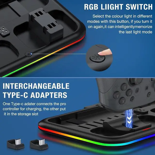 Alt view image 5 of 7 - BONAEVER Switch Controller Charger for Nintendo Switch & OLED Joycon Charging Dock, Switch Organizer Station with RGB Lights for TV Dock, Pro Controller, 4 Joy-Cons, 2 Extended USB-C, 8 Game Slots