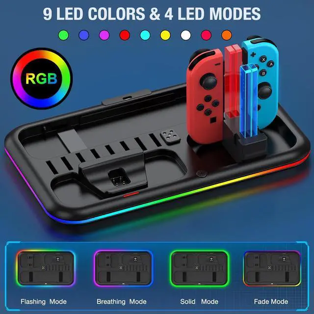Alt view image 2 of 7 - BONAEVER Switch Controller Charger for Nintendo Switch & OLED Joycon Charging Dock, Switch Organizer Station with RGB Lights for TV Dock, Pro Controller, 4 Joy-Cons, 2 Extended USB-C, 8 Game Slots