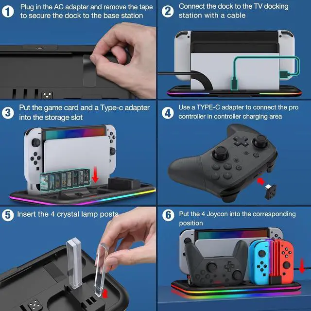 Alt view image 6 of 7 - BONAEVER Switch Controller Charger for Nintendo Switch & OLED Joycon Charging Dock, Switch Organizer Station with RGB Lights for TV Dock, Pro Controller, 4 Joy-Cons, 2 Extended USB-C, 8 Game Slots
