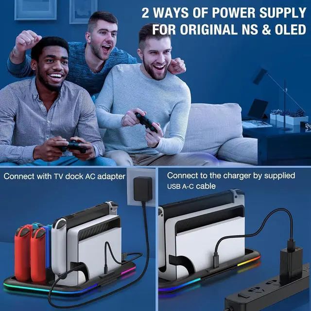 Alt view image 7 of 7 - BONAEVER Switch Controller Charger for Nintendo Switch & OLED Joycon Charging Dock, Switch Organizer Station with RGB Lights for TV Dock, Pro Controller, 4 Joy-Cons, 2 Extended USB-C, 8 Game Slots