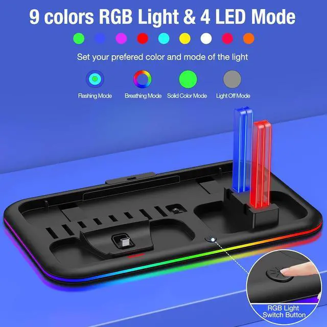 Alt view image 2 of 7 - BONAEVER RGB Switch Charger Dock for Nintendo Switch/Switch Lite/OLED,Switch Charging Stand with 8 Games Storage for Switch Pro Controller Joycons