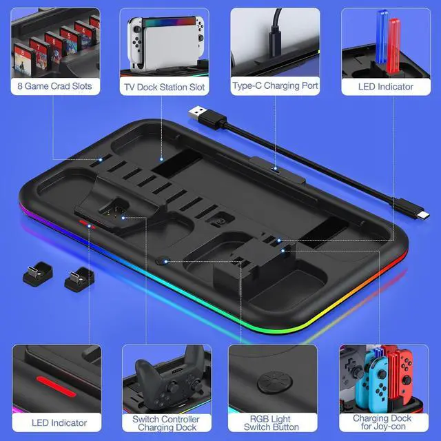 Alt view image 3 of 7 - BONAEVER RGB Switch Charger Dock for Nintendo Switch/Switch Lite/OLED,Switch Charging Stand with 8 Games Storage for Switch Pro Controller Joycons