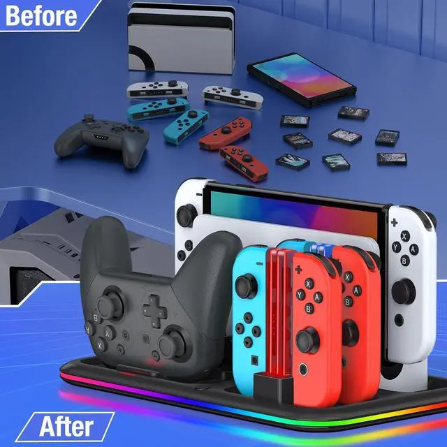 Alt view image 6 of 7 - BONAEVER RGB Switch Charger Dock for Nintendo Switch/Switch Lite/OLED,Switch Charging Stand with 8 Games Storage for Switch Pro Controller Joycons