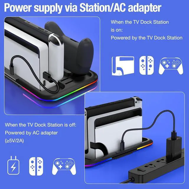Alt view image 7 of 7 - BONAEVER RGB Switch Charger Dock for Nintendo Switch/Switch Lite/OLED,Switch Charging Stand with 8 Games Storage for Switch Pro Controller Joycons