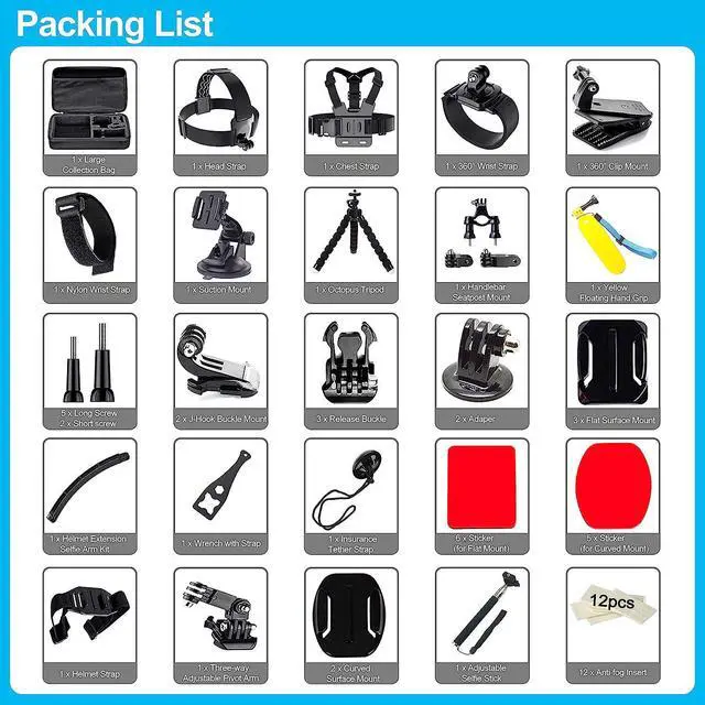 Alt view image 3 of 6 - BONAEVER 61 in 1 Action Camera Accessories Kit for AKASO EK7000 GoPro Hero 12 11 10 9 8 7 6 5 4 Hero Session Gopro Max Insta360 Xiaomi Yi DJI AKASO Campark Action Camera