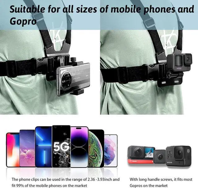 Alt view image 5 of 7 - BONAEVER Mobile Phone Chest Strap and Headband First-Person Perspective Shooting, POV/VLOG, Fishing and Cycling for All Mobile Phones / Gopro Hero 12 11 10 9 8 7 6 5 4 Session 3+ 3 2 1