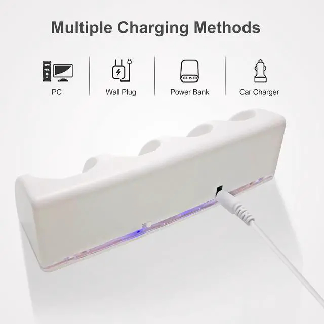 Alt view image 4 of 7 - BONAEVER For Wii Remote Battery Charger, 4 in 1 Wii Remote Charging Dock Station with 4 PCS 2800mAH Rechargeable Batteries for Nintendo Wii/Wii U Controllers White