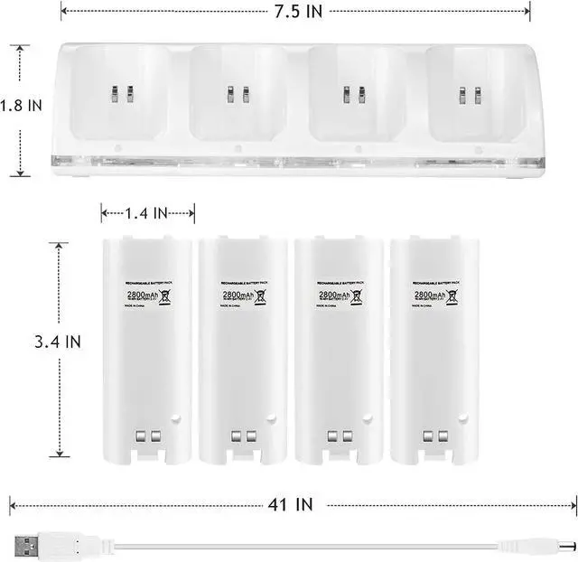 Alt view image 7 of 7 - BONAEVER For Wii Remote Battery Charger, 4 in 1 Wii Remote Charging Dock Station with 4 PCS 2800mAH Rechargeable Batteries for Nintendo Wii/Wii U Controllers White