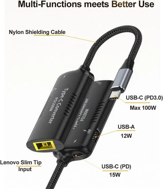 Alt view image 3 of 7 - USB C Adapter, USB-C to Square Slim-Tip Adapter, 100W PD Fast Charging Converter with 3 USB Output Ports for Laptop, Matebook, Lenovo Thinkpad, MacBook, Chromebook, Phone and More Type C Devices
