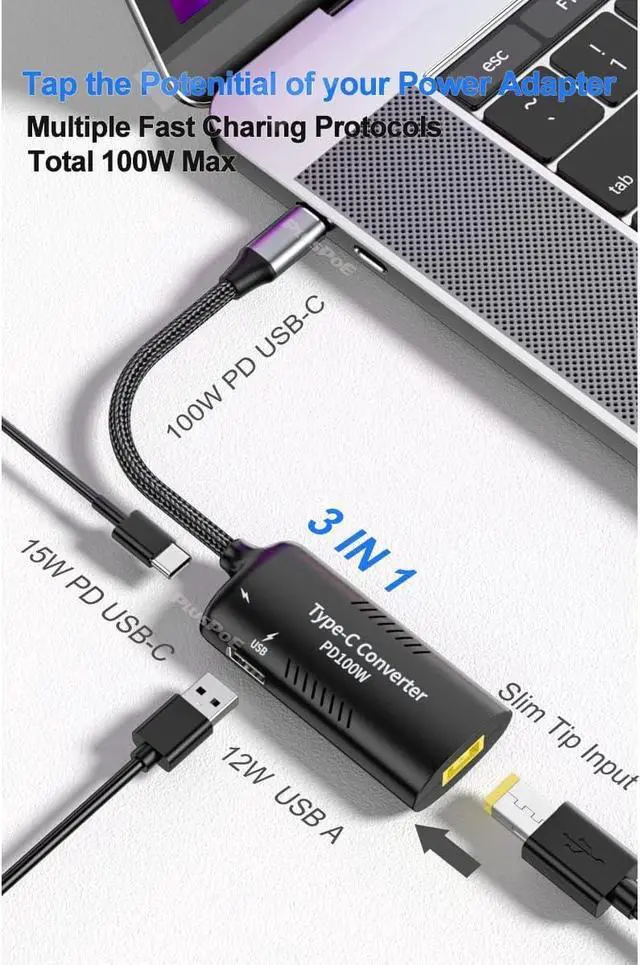 Alt view image 4 of 7 - USB C Adapter, USB-C to Square Slim-Tip Adapter, 100W PD Fast Charging Converter with 3 USB Output Ports for Laptop, Matebook, Lenovo Thinkpad, MacBook, Chromebook, Phone and More Type C Devices
