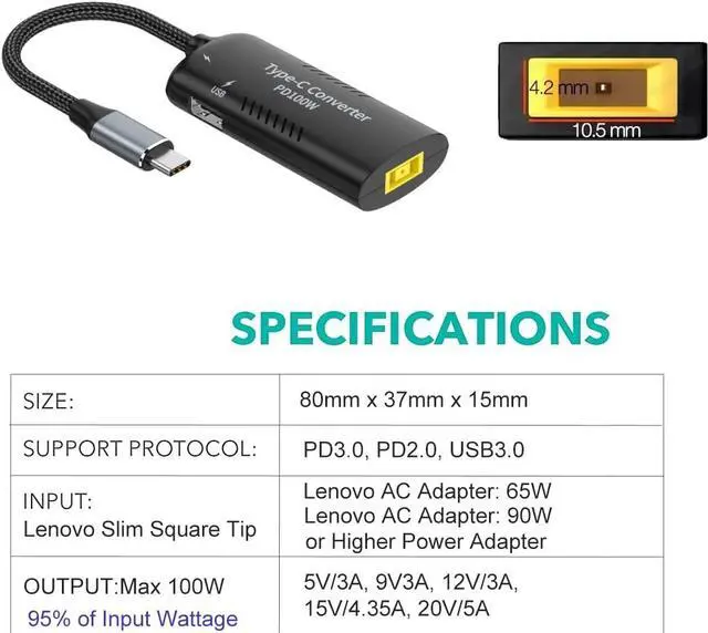 Alt view image 6 of 7 - USB C Adapter, USB-C to Square Slim-Tip Adapter, 100W PD Fast Charging Converter with 3 USB Output Ports for Laptop, Matebook, Lenovo Thinkpad, MacBook, Chromebook, Phone and More Type C Devices