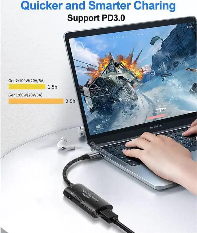 Alt view image 5 of 7 - USB C Adapter, USB-C to Square Slim-Tip Adapter, 100W PD Fast Charging Converter with 3 USB Output Ports for Laptop, Matebook, Lenovo Thinkpad, MacBook, Chromebook, Phone and More Type C Devices
