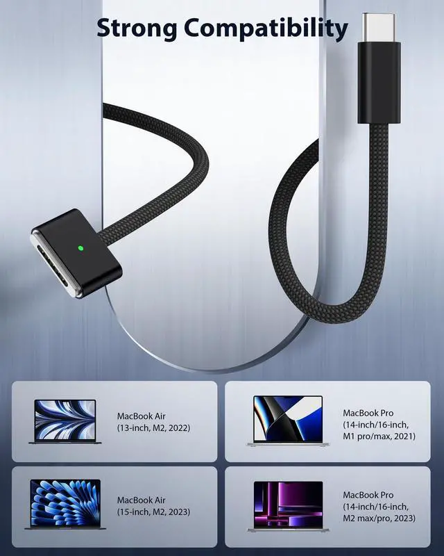 Alt view image 2 of 7 - BONAEVER For 140W USB C to Magnetic 3 Cable, Compatible with MacBook Air 13 / 15 inch M3 2024, MacBook Air 15 inch M2 2023, MacBook Air 13 inch M2 2022, MacBook Pro 14 / 16-inch M2 2023 - 6.6FT Black