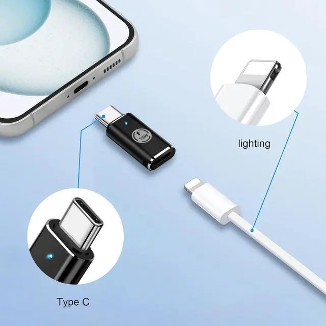 Alt view image 6 of 7 - BONAEVER 2 Pack USB C Charging Adapter for iPhone 15 Series, Lighting (Female) to USB C (Male) Adapter, 35W PD USB Type C Converter for Galaxy S24 Ultra S23 Fe S22+, Z Flip 5, and More Type C Devices