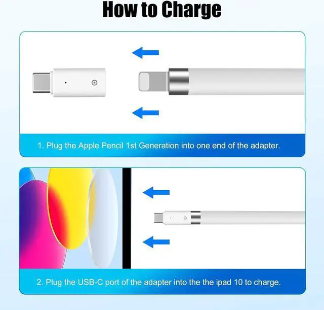 Alt view image 3 of 7 - 2 Pack USB-C Charging Adapter Compatible with Apple Pencil 1st Generation, USB C to Apple Pencil Adapter, Male USBC to Female Charging Connector for iPad 10&Apple Pen 1,No Bluetooth Pairing, White