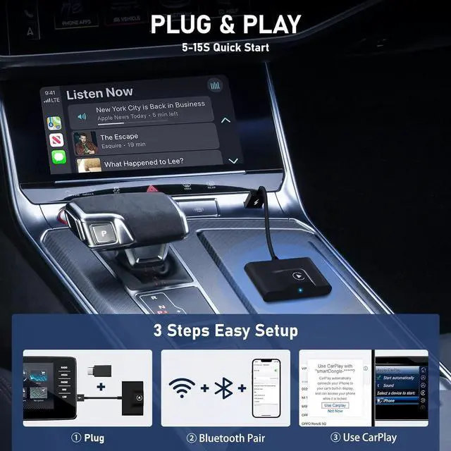 Alt view image 6 of 7 - CarPlay Wireless Adapter for Factory Wired CarPlay 2024 Upgrade Plug & Play Dongle Converts Wired to Wireless for Cars from 2015 & iPhone iOS 10+ Black