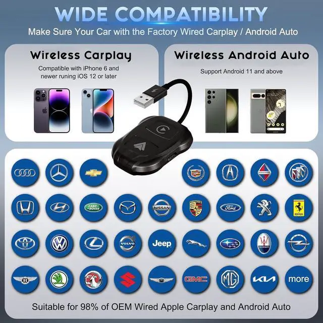 Alt view image 7 of 7 - Wireless Carplay Adapter, 2024 Upgrade 2 in 1 Plug & Play Dongle, Converts Wired CarPlay to Wireless, One-Click Switching to Instantly Adapt to Android and Apple Devices