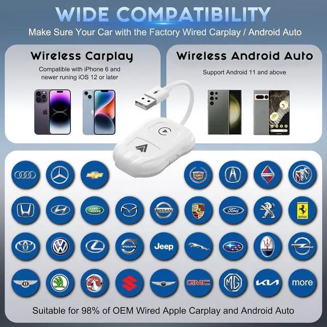 Alt view image 7 of 7 - Wireless Carplay Adapter, 2024 Upgrade 2 in 1 Plug & Play Dongle, Converts Wired CarPlay to Wireless, One-Click Switching to Instantly Adapt to Android and Apple Devices White