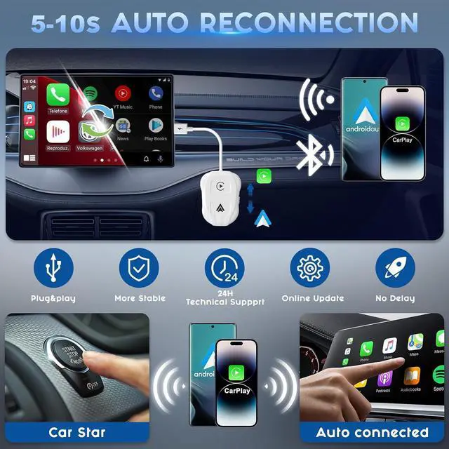 Alt view image 6 of 7 - Wireless Carplay Adapter, 2024 Upgrade 2 in 1 Plug & Play Dongle, Converts Wired CarPlay to Wireless, One-Click Switching to Instantly Adapt to Android and Apple Devices White