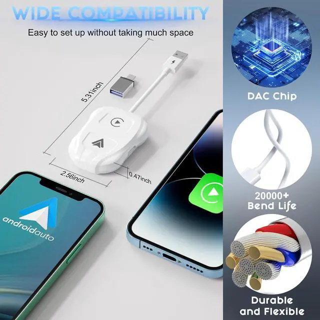 Alt view image 2 of 7 - Wireless Carplay Adapter, 2024 Upgrade 2 in 1 Plug & Play Dongle, Converts Wired CarPlay to Wireless, One-Click Switching to Instantly Adapt to Android and Apple Devices White