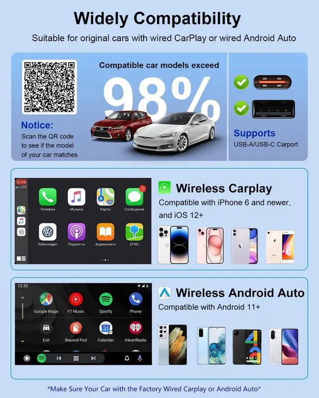 Alt view image 2 of 7 - 2-in-1 Wireless CarPlay Adapter & Android Auto 2024 Upgrade Dongle Convert Wired Apple Car Play to Wireless, Plug & Play, Fast Auto Connect, Compatible with iOS 10+ & Android 11+