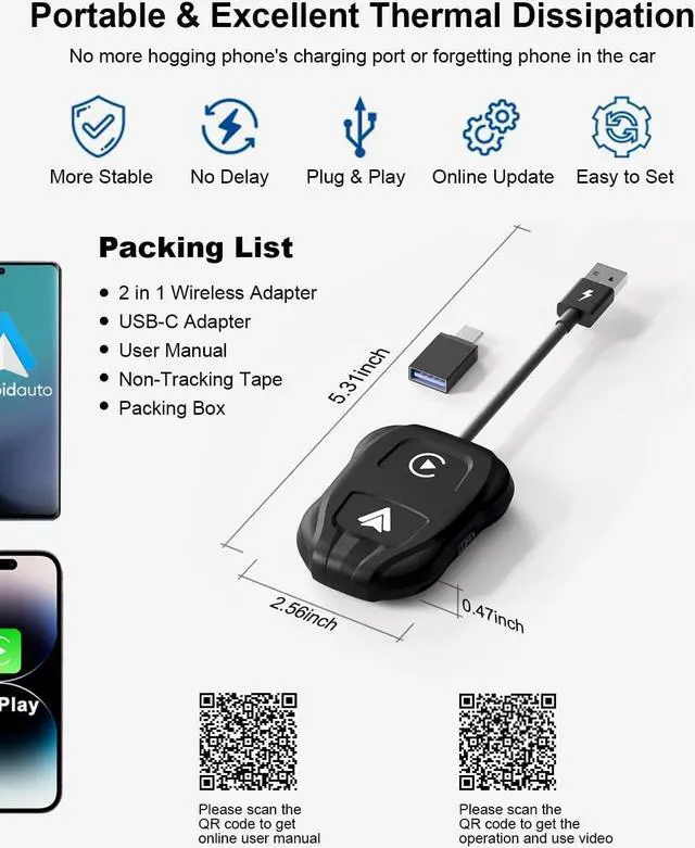 Alt view image 7 of 7 - 2-in-1 Wireless CarPlay Adapter & Android Auto 2024 Upgrade Dongle Convert Wired Apple Car Play to Wireless, Plug & Play, Fast Auto Connect, Compatible with iOS 10+ & Android 11+