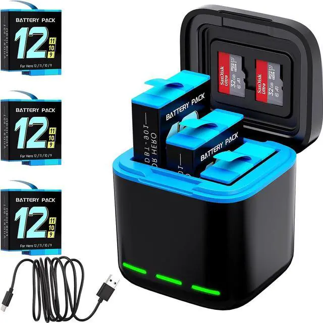 Main image of BONAEVER For Gopro Hero 12/11/10/9 Battery 3-Pack 2000mAh and USB Storage 3-Channel Fast Charger Fully Compatible with GoPro Hero 12, Hero 11, Hero 10, Hero 9 Black Official with Micro SD Card Slot