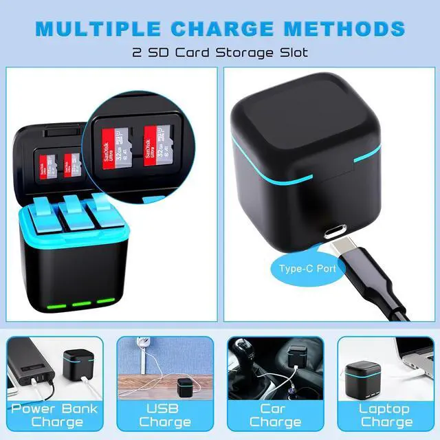 Alt view image 4 of 7 - BONAEVER For Gopro Hero 12/11/10/9 Battery 3-Pack 2000mAh and USB Storage 3-Channel Fast Charger Fully Compatible with GoPro Hero 12, Hero 11, Hero 10, Hero 9 Black Official with Micro SD Card Slot