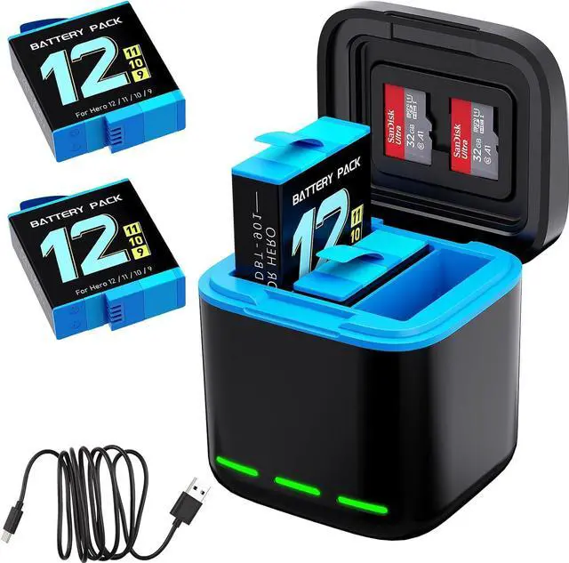 Main image of BONAEVER For Gopro Hero 12/11/10/9 Battery 2-Pack 1750mAh and USB Storage 3-Channel Fast Charger Fully Compatible with GoPro Hero 12, Hero 11, Hero 10, Hero 9 Black Official with Micro SD Card Slot