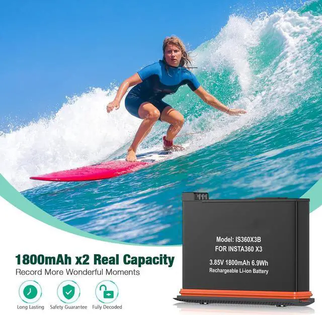 Alt view image 3 of 7 - BONAEVER Replacement Insta360 X3 Battery 1800mAh 2-Pack and Dual Slot USB Fast Charger Hub Compatible with Insta360 X3 Action Camera
