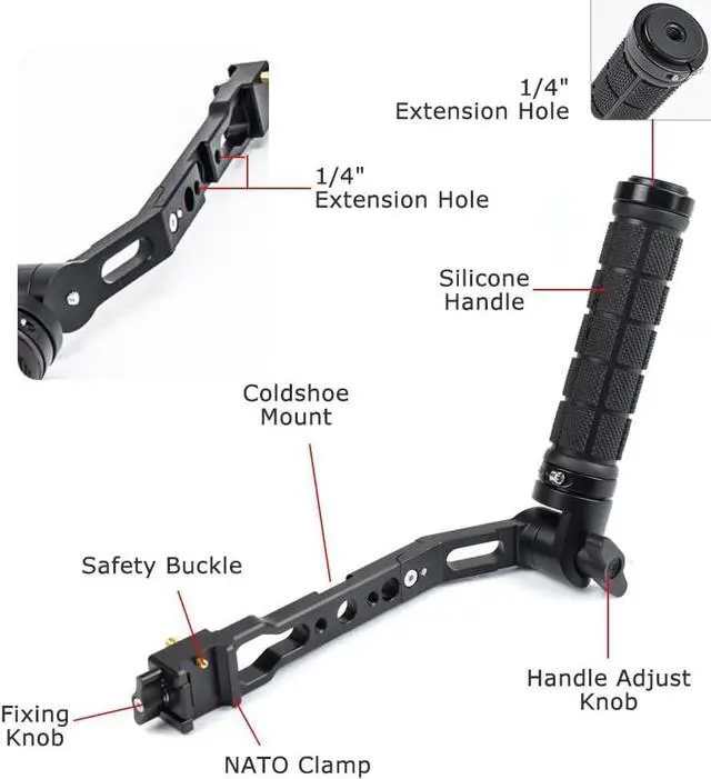 Alt view image 4 of 7 - 360° Adjustable Handgrip Handle with NATO Clamp for DJI RS3 Pro/RS3 Mini/RS3/RS2/RSC2, Gimbal Sling Grip with Coldshoe 1/4" Holes Extension Mount