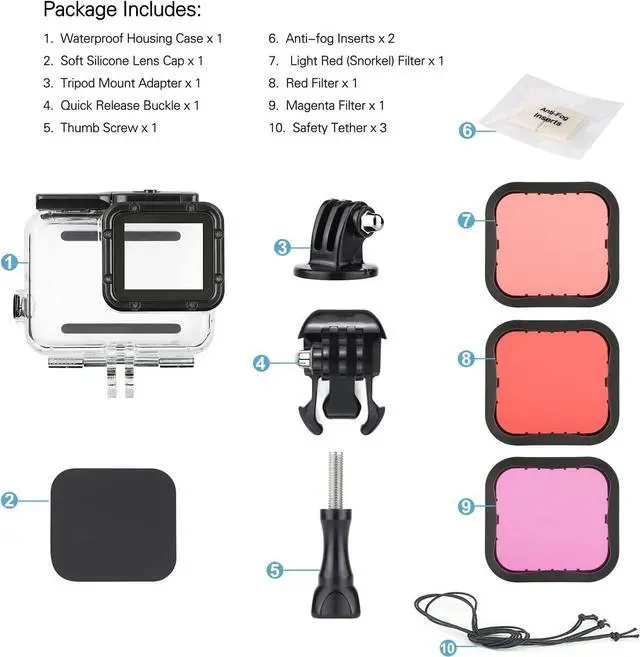 Alt view image 7 of 7 - BONAEVER 45m Underwater Waterproof Dive Housing Case with 3-Pack Dive Filters for GoPro Hero 5 6 7 Black Hero (2018) - Include Backdoor, Quick Release Buckle, Thumb Screw, Tripod Adapter, Lens Cap