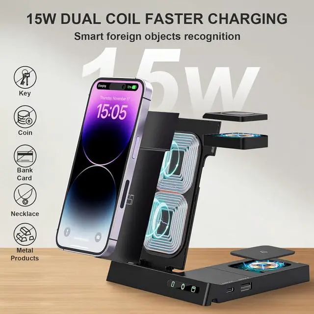 Alt view image 3 of 7 - 6 in 1 Wireless Charging Station for Multiple Devices Apple Samsung, Foldable Charger Stand Dock for iPhone 15 14 13 12 11 8 Pro Max Plus Mini SE XS Max XR X Watch Earphone Galaxy Buds 2 Pro
