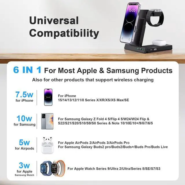 Alt view image 4 of 7 - 6 in 1 Wireless Charging Station for Multiple Devices Apple Samsung, Foldable Charger Stand Dock for iPhone 15 14 13 12 11 8 Pro Max Plus Mini SE XS Max XR X Watch Earphone Galaxy Buds 2 Pro