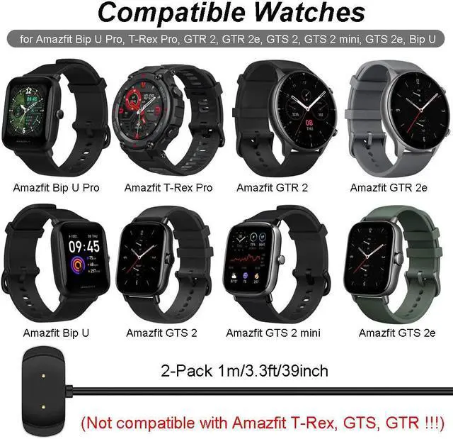 Alt view image 2 of 6 - Charger for Amazfit BIP U Pro, Bip 3 Pro, T-Rex Pro, GTS 4 Mini, GTS 2 Mini, GTS 2e, GTS 2, GTR 2e, GTR 2 Smart Watch - Replacement Magnetic Charging Cable USB Cord [2-Pack, 1m/3.3ft]