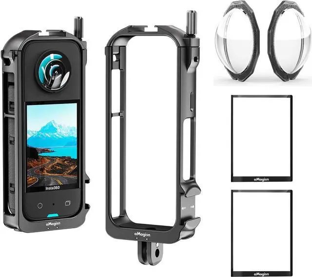 Main image of 360 X3 Aluminium Protective Cage with Sticky Lens Guards Cap and Screen Protector for Insta360 X3,Metal Durable Housing Frame with Cold Shoe Mount,Bundle Accessories for Insta 360 X3