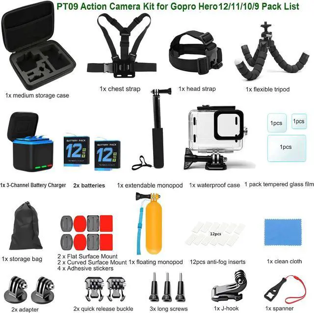 Alt view image 7 of 7 - Accessories Kit with Battery and Charger for Gopro Hero 12 11 10 9 Black, Waterproof Case+Selfie Stick+Tripod+2 Battery+3-Channel Charger Station Compatible with Go pro 12 11 10 9
