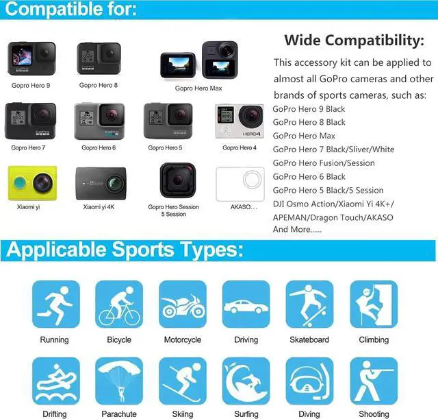 Alt view image 4 of 7 - 60 in 1 Camera Accessories Kit Compatible with GoPro Hero 12 11 10 9 8 7, GoPro Max, GoPro Fusion, DJI Osmo Action, AKASO, APEMAN, Campark, SJCAM